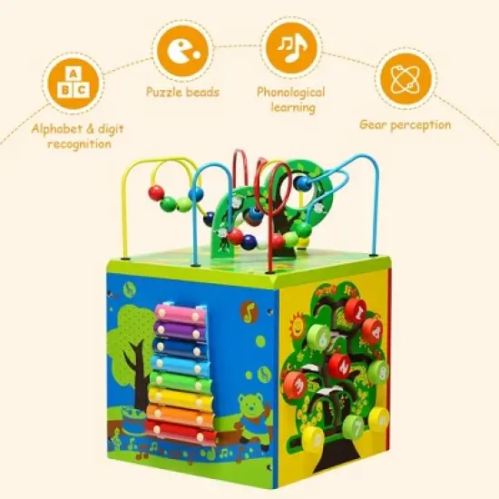 Costway 5-in-1 Wooden Activity Cube Toy Educational Learning Bead Maze w/ Rotatable Base image {6}