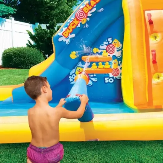 Banzai Duck Blast Water Park Outdoor Backyard Inflatable Slide with Climbing Wall, Water Cannon, Splash Lagoon, Pool Float, & Blower image {1}