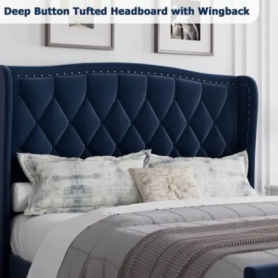 Bed Frame, Platform Bed with Velvet Upholstered Wingback Headboard - Wooden Slat Support, No Box Spring Needed, Easy Assembly image {3}