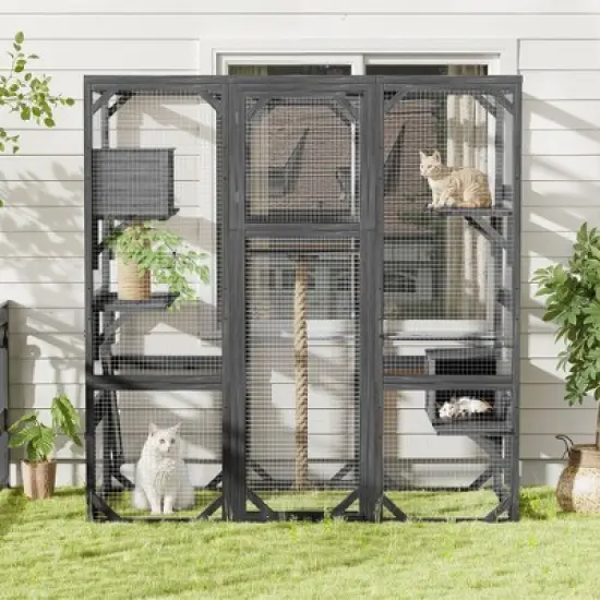 KTMBDW Outdoor Cat House, Cat Catio with Double Enter Doors, 62.8"L x 32.2"W x68.5"H Balcony Cat Playpen with Platforms and 2 Condos, Dark Gray image {1}