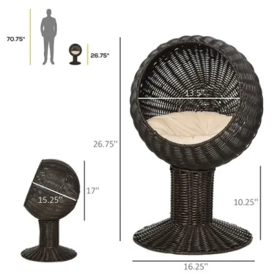 SKYONE Rotating Elevated Cat Bed with Soft Cushion, Handwoven Wicker Basket Design, 23.5" image {4}