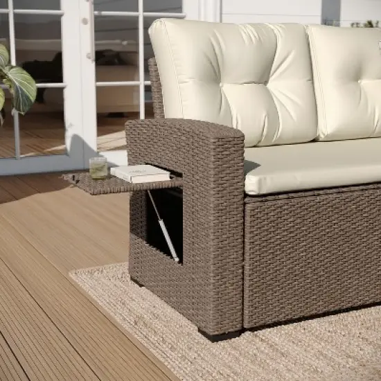 Merrick Lane Indoor/Outdoor L-Shaped Sofa/Dining Table Conversation Set with Wicker Rattan Construction and Weather-Resistant Cushions image {1}