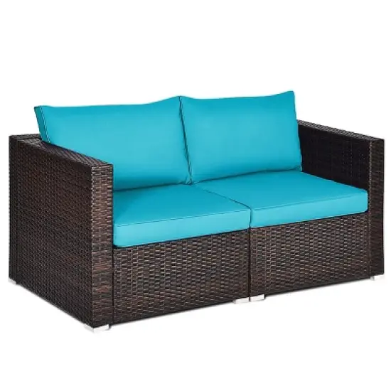 Tangkula 2-Piece Patio Wicker Corner Sofa Set Rattan Loveseat with Removable Cushions image {11}