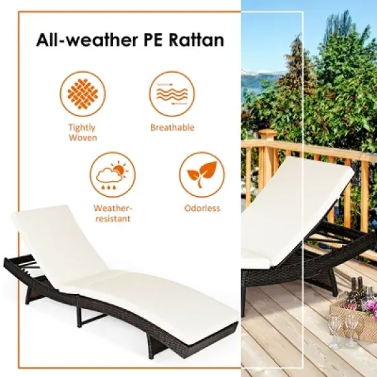 Costway 2PCS  Patio Rattan Folding Lounge Chair Chaise Adjustable White Cushion image {9}
