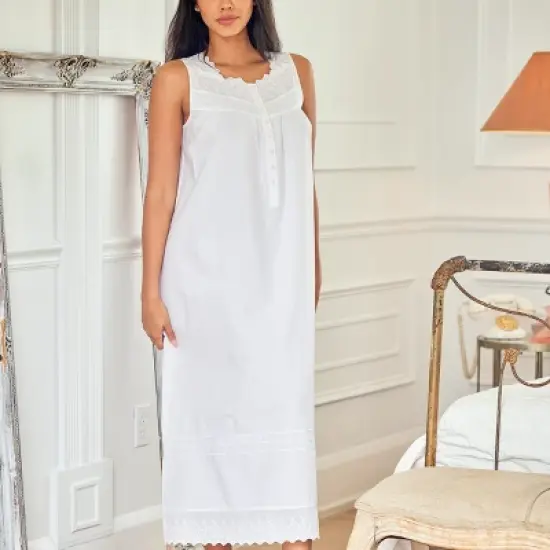 Women's Cotton Victorian Nightgown, Sybil Sleeveless Lace Trimmed Button Up Long Vintage Night Dress Gown image {2}