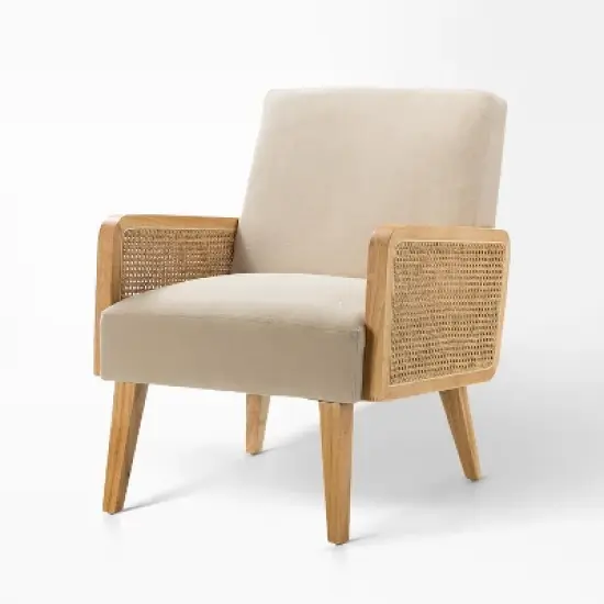 Chlo&eacute; Cane Arm Chair with Wood Base Living Room Upholstered Accent Chair with Rattan Armrest | Karat Home image {13}