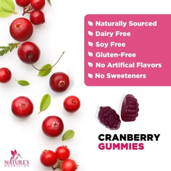 Cranberry Gummies 50:1 Cranberry Extract - Urinary Tract Support Made with 25,000mg, Helps Cleanse & Protect - 120 Gummies By Nature's Nutrition image {6}