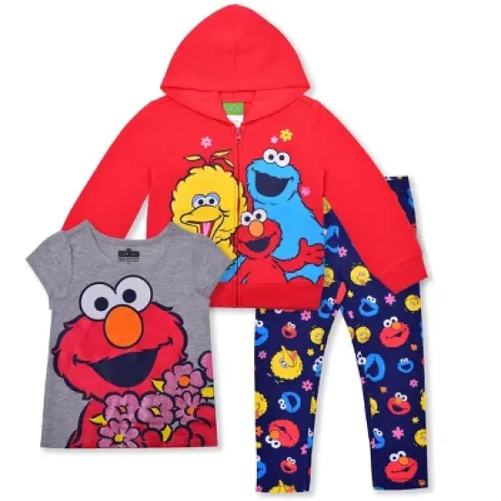 Sesame Street Girl's 3-Pack Elmo Graphic Tee, Zip Up Hoodie and Legging Pant Set for toddler image {7}