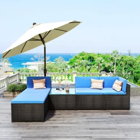 5pc Wicker Patio Sectional Seating Set with Cushions - Black/Blue - GODEER image {2}