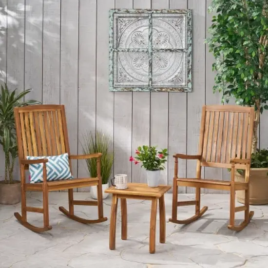 Christopher Knight Home Reynard Outdoor Acacia Wood 3 Piece Rocking Chair Chat Set image {7}