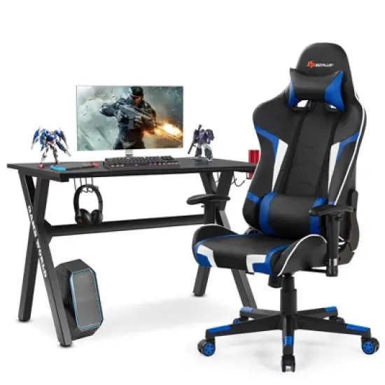 Costway X-Shaped Gaming Desk & Racing Style Massage Chair Set Home Office Black+White/Blue/Grey/Red image {10}