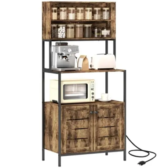 PDTEND Wood Grain Kitchen Baker&rsquo;s Rack with Power Outlet, Storage Shelves, Microwave Stand & Louvred Cabinets image {9}