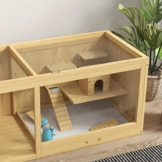 PawHut Wooden Hamster Cage, Extra Large Gerbil Cage Activity Center for Dwarf Hamster with Pull-Out Tray, Seesaws, Water Bottle, Ladder image {5}