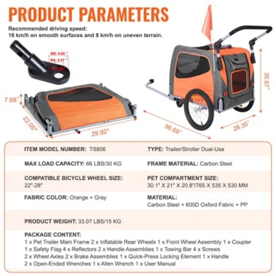 VEVOR Dog Bike Trailer, Supports up to 66 lbs, 2-in-1 Pet Stroller Cart Bicycle Carrier, Easy Folding Cart Frame with Quick Release Wheels image {7}