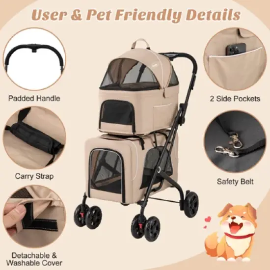 Costway Double Pet Stroller for 2 Dogs or Cats w/ 2 Detachable Carriers Safety Belt Beige image {7}