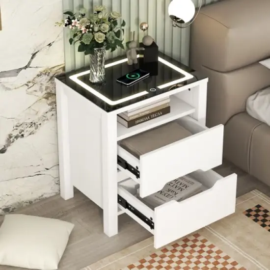 Multifunctional Storage Nightstand with Wireless Charging, Adjustable LED Light, 2 Drawers and 1 Open Shelf - ModernLuxe image {12}