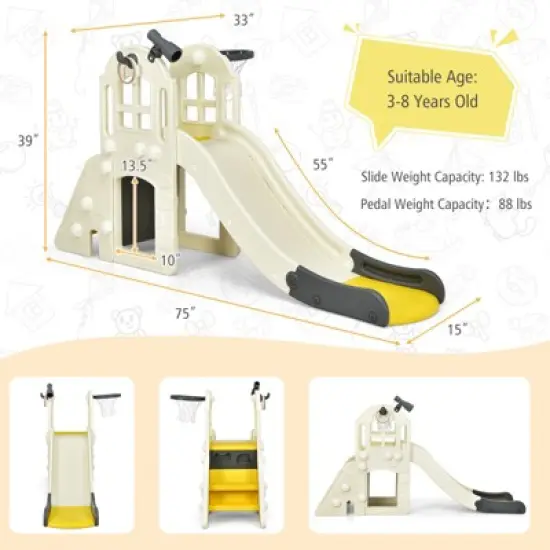 Infans 6 in 1 Toddler Large Slide for Kids with Basketball Hoop, Ring Toss, 2 in 1 Convertible Climbing Way, Freestanding Slide Climber Set, Yellow image {6}