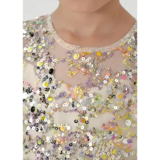 2Bunnies Christmas New Year Holiday Girl Gold Shimmer Sparkle Sequin Dress Puff Sleeve image {1}