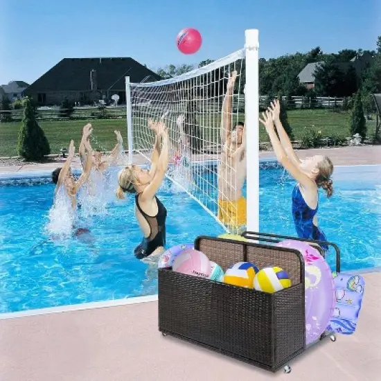 Outdoor Poolside Float Storage, Wicker Patio Poolside Storage Basket, Pe Rattan Rolling Pool Caddy with Wheels, Fade Resistant, Pool Toy Storage Bin image {1}