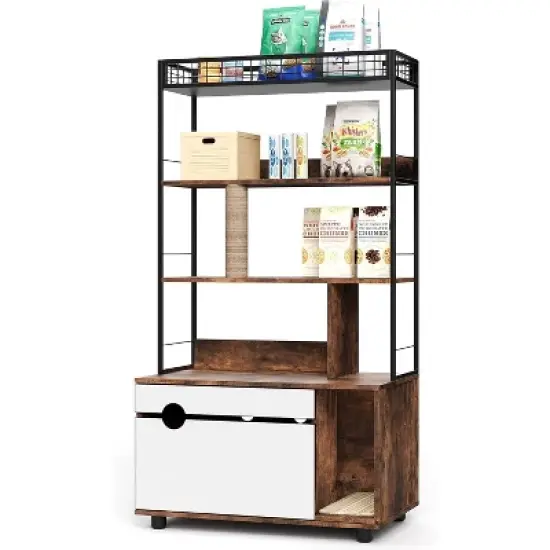 36.6" Hidden Cat Litter Cabinet &ndash; 2-In-1 Enclosure with Storage Rack & Scratching Post for Indoor Use (Vintage Brown) image {7}