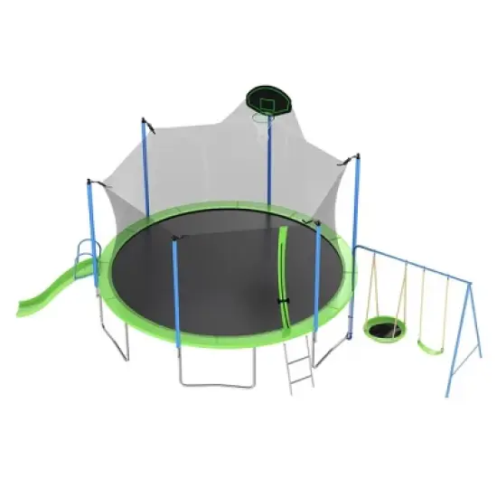 14FT Outdoor Trampoline with Net, Slide and Ladder, 2 Swings and Basketball Hoop image {6}