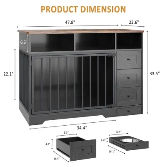 48'' High Quality Wood Dog Crate Furniture with Bowl & Storage Drawers  for Small Medium, Black image {2}