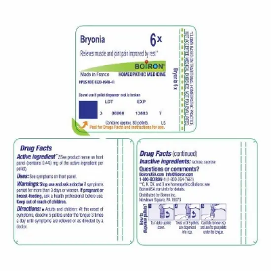 Bryonia 6X by Boiron Homeopathic Single Medicine For Pain  -  80 Pellet image {1}