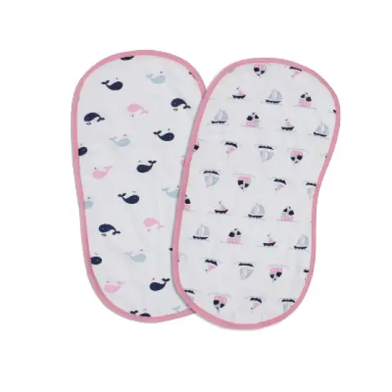 Bacati - Little Sailor Pink Blue Girls Boats/Whales Muslin 4 pc set of Bibs & Burp Cloths Set image {2}