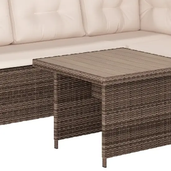 Merrick Lane Indoor/Outdoor L-Shaped Sofa/Dining Table Conversation Set with Wicker Rattan Construction and Weather-Resistant Cushions image {10}