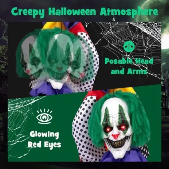 Costway 4.5FT Grins Animatronic Clown Halloween Decoration w/ Pre-Recorded Phrases LED Glowing Red Eyes Posable Head & Arms image {5}