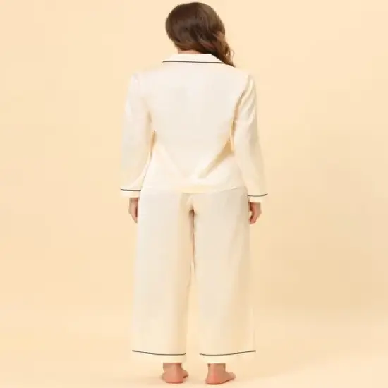 cheibear Womens Pajama Lounge Sleepwear Button Down Tops and Pants Satin Pjs Set image {2}