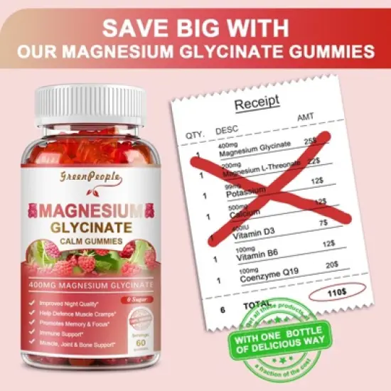 (2 Pack) GreenPeople Magnesium Glycinate Gummies 400mg, High Absorption with Magnesium Malate, CoQ10 for Stress Relief & Sleep, 120 Ct image {5}