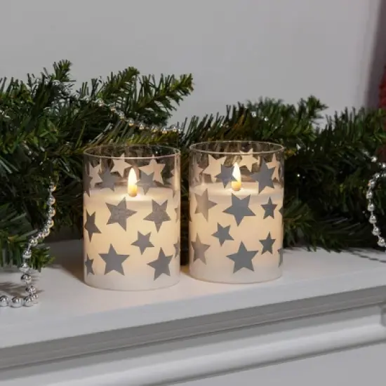2ct Battery Operated Glass LED Candles with Moving Flame Silver Stars: Flameless Pillar, Winter Decor, Lumabase image {2}