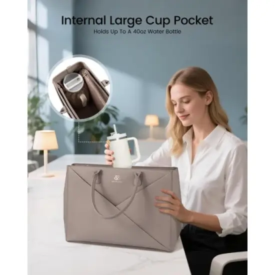 Laptop Tote Bag for Women with Large Cup Holder, 15 Inch PU Leather Work Bag Teacher Tote Bag image {5}