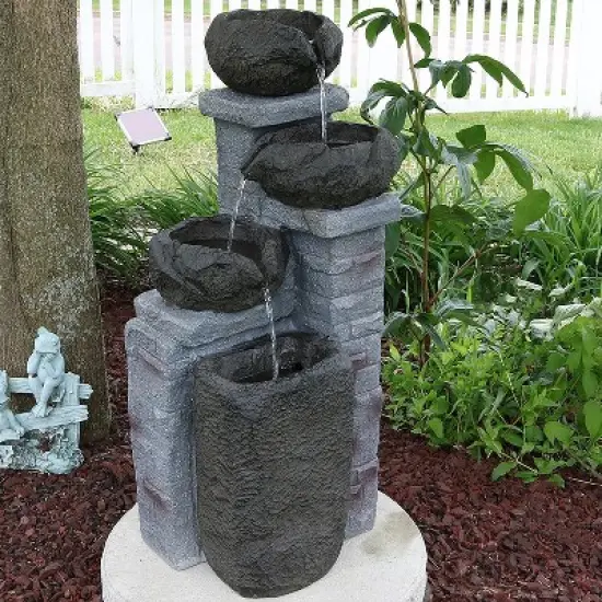 Sunnydaze Outdoor Polyresin Solar Powered Stone Bowls Water Fountain with LED Lights and Backup Battery - 30" image {1}