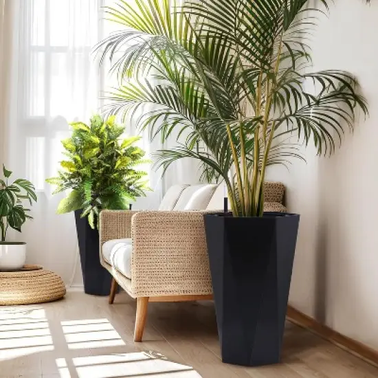 Acekool Set of 2 Self-Watering 16" Tall Planters with Wheels, Water Level Monitor, Large Indoor Outdoor Flower Pots, Drainage, Black image {8}