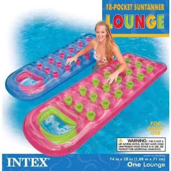 Intex Suntanner 18 Pocket Single Person Inflatable Swimming Pool Beach Lounge Floating Raft with Pillow and Cupholders, Color May Vary image {5}