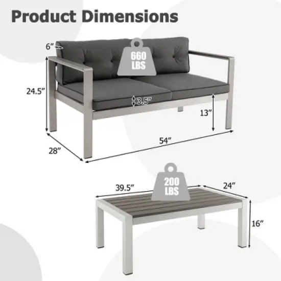 Costway 2 PCS Patio Aluminum Sofa Set Coffee Table Cushioned Loveseat WPC Armrests image {2}