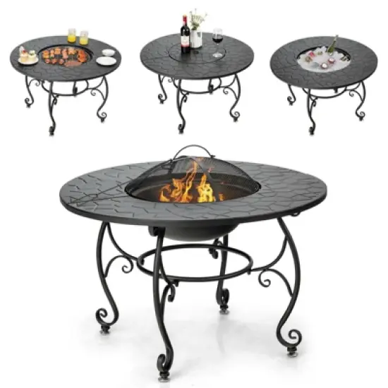 WELLFOR 35.5" Wood Burning Dining Table Outdoor Fire Table With Cover & Cook Grate W-70941 Black image {5}