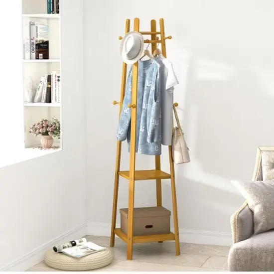 Artloge 3 Tier Free Standing Garment Organizer Natural Bamboo Coat Rack Corner Tall Garment Rack with 8 Hooks for Bedroom Living Room Entryway image {7}