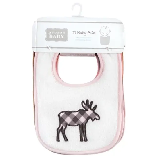Hudson Baby Infant Girl Cotton Terry Drooler Bibs with Fiber Filling, Girl Moose Bear, One Size image {1}