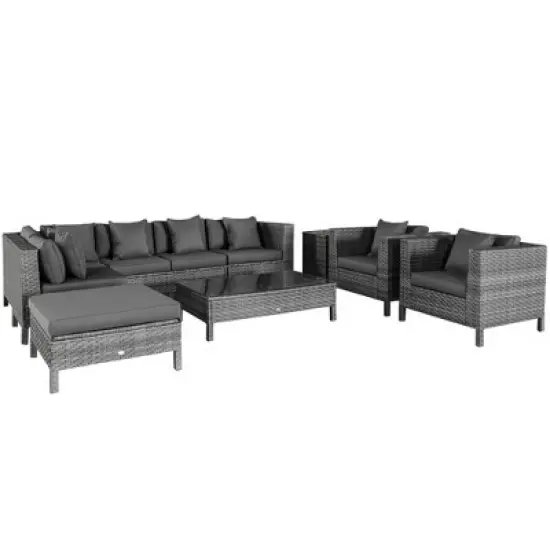 Outsunny 9-Piece Rattan Wicker Outdoor Patio Sectional Furniture Conversation Set with Modern Design, Thick Soft Cushions, Footstool & Tea Table image {10}