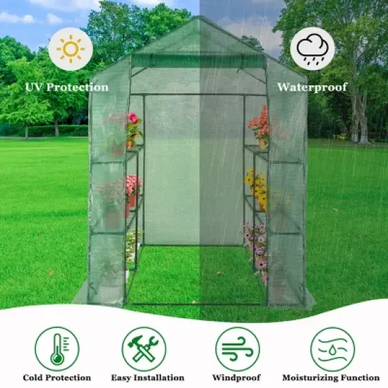 SEVOBAL Greenhouse Iron Pipe Steeple With 8 Pieces Grid Flower Stand With Zipper Rolling Door PE Green House Walk in Planting, Green, 93"*28"*18" image {4}