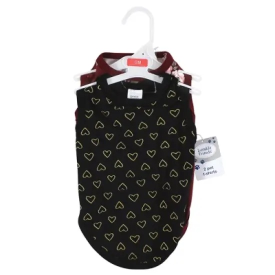 Luvable Friends Dog Pet Dog and Cats Cotton T-Shirts 2pk, Hearts Burgundy Floral image {1}