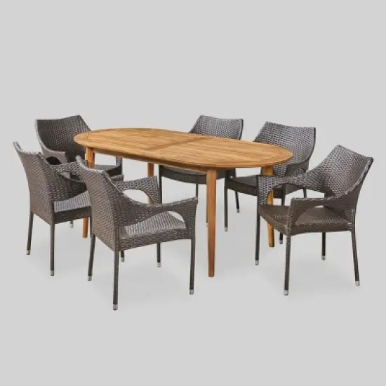 Fayette 7pc Acacia Wood and Wicker Dining Set - Brown - Christopher Knight Home image {1}
