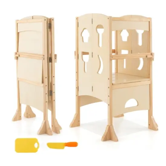 Costway Folding Kitchen Kids Step Ladder Stool Wooden Toddler Safety Tower Helper Coffee/White image {12}