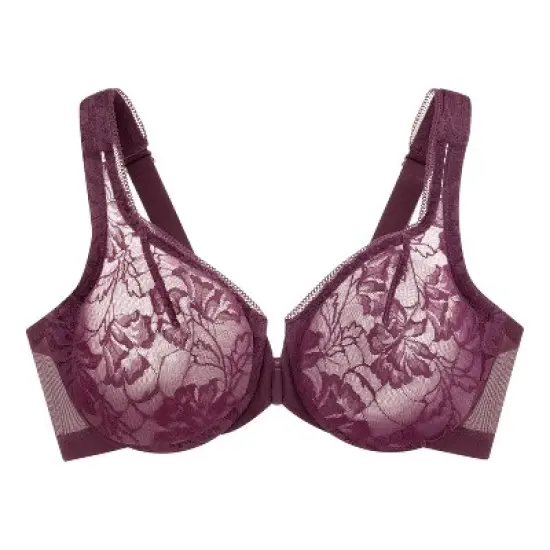 Glamorise Womens Lacey T-Back Front-Closure WonderWire Underwire  Bra 9246 Black Plum image {3}