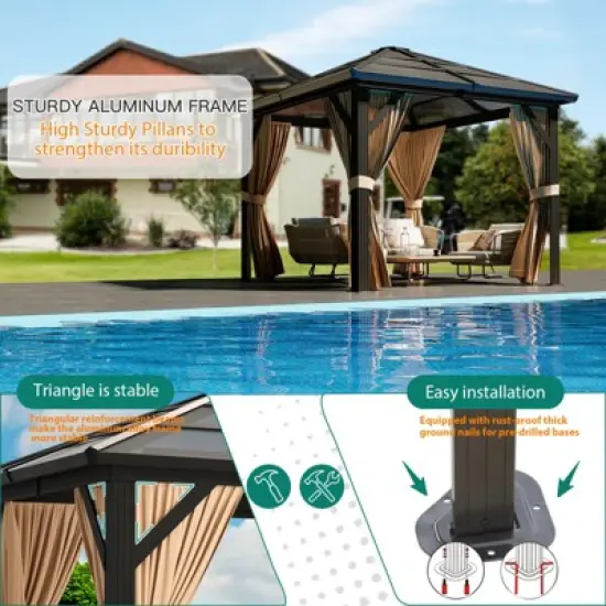 Hardtop Gazebo, Outdoor Polycarbonate Roof Canopy, Heavy Duty Hardtop Pavilion with Netting and Curtains image {3}