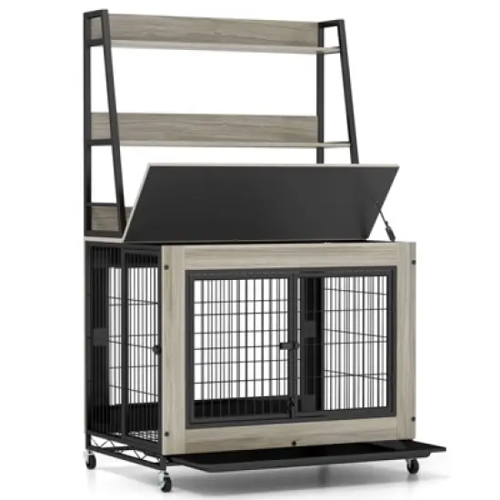 Costway 38&rdquo; Heavy-Duty Dog Kennel on Wheels w/ Pull-out Tray Indoor Pet Furniture Wood Dog House Gray image {9}