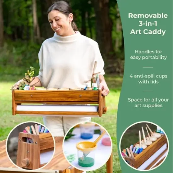 Guidecraft Acadia Outdoor Art Table and Stool Set: Kids Acacia Wood Painting and Arts and Crafts Table with Mobile Storage Paper Roll and Paint Cups image {6}